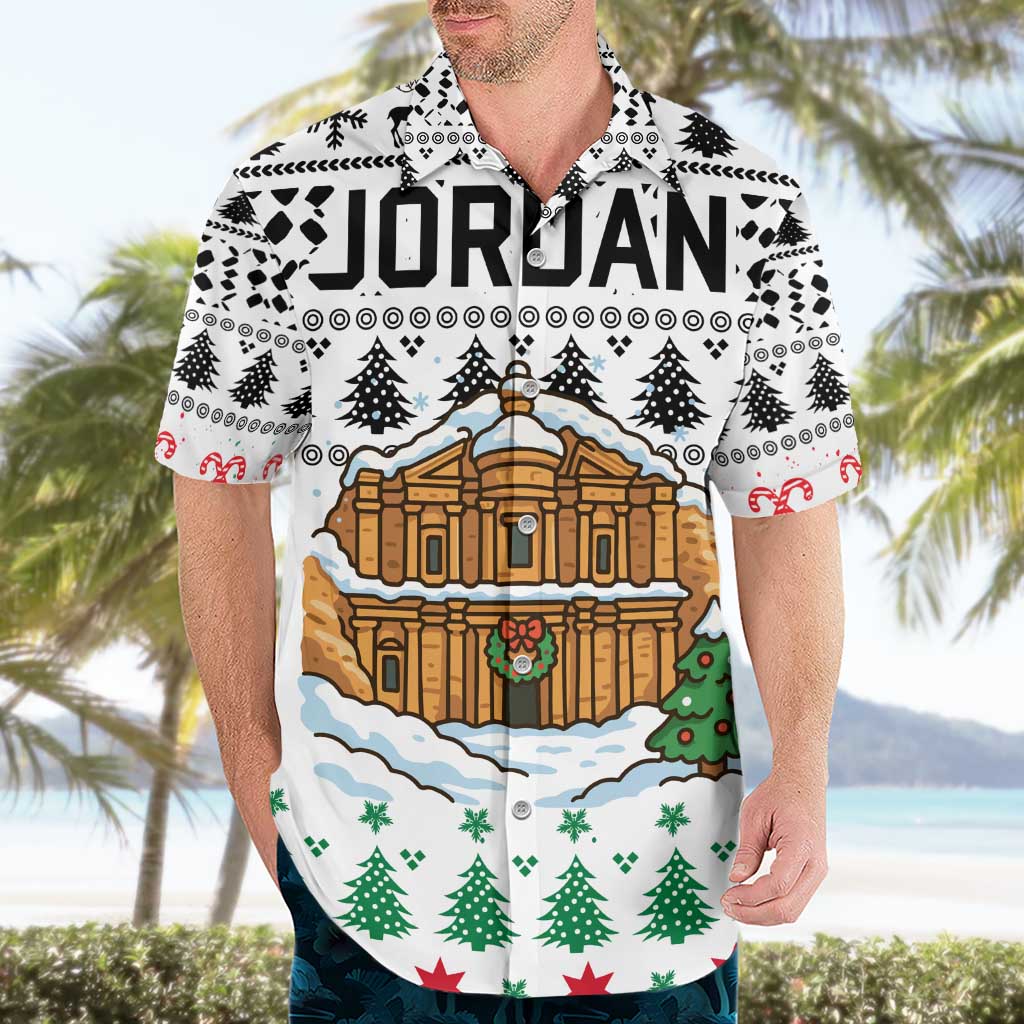 Jordan Christmas Hawaiian Shirt with Petra Monastery Snow Christmas Trees and Candy Cane Pattern - Wonder Print Shop
