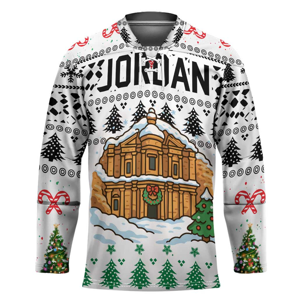 Jordan Christmas Hockey Jersey with Petra Monastery Snow Christmas Trees and Candy Cane Pattern - Wonder Print Shop