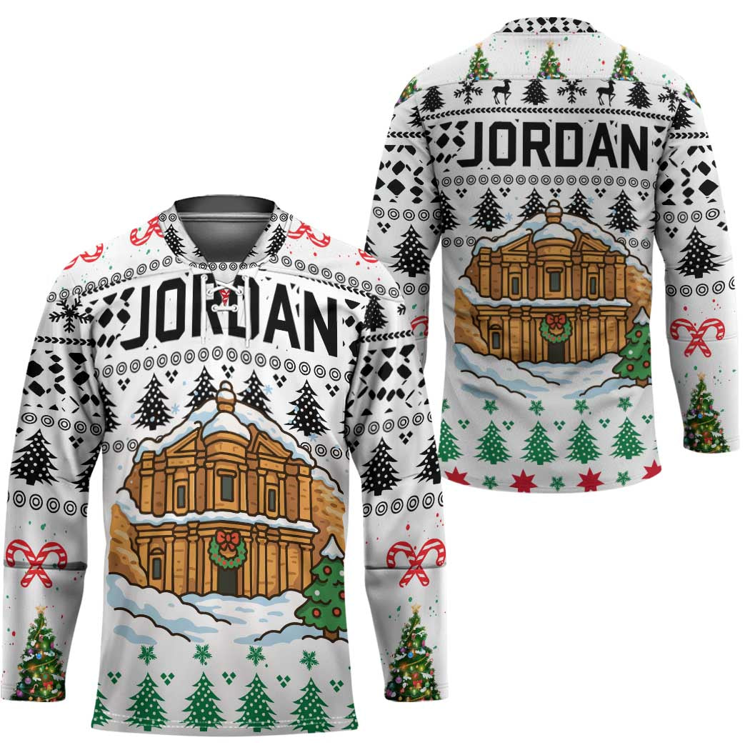 Jordan Christmas Hockey Jersey with Petra Monastery Snow Christmas Trees and Candy Cane Pattern - Wonder Print Shop