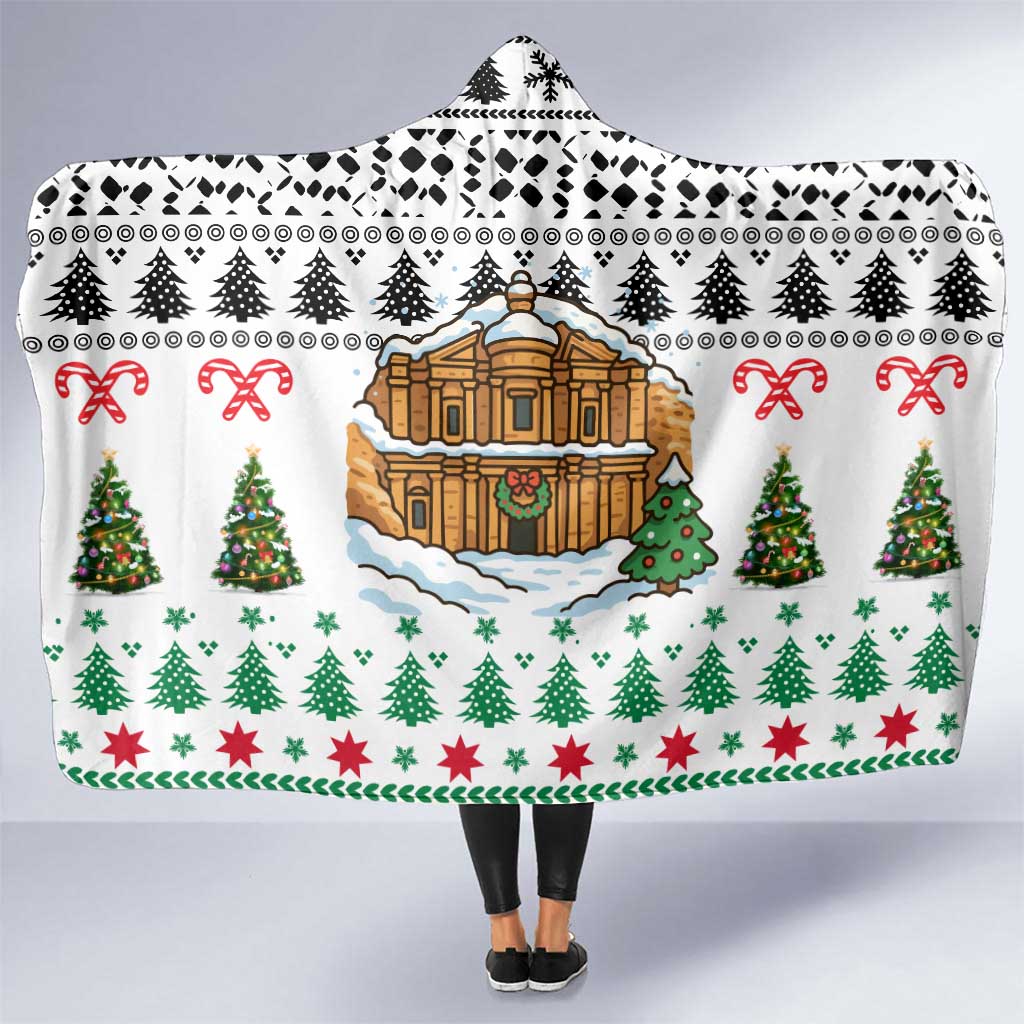 Jordan Christmas Hooded Blanket with Petra Monastery Snow Christmas Trees and Candy Cane Pattern - Wonder Print Shop