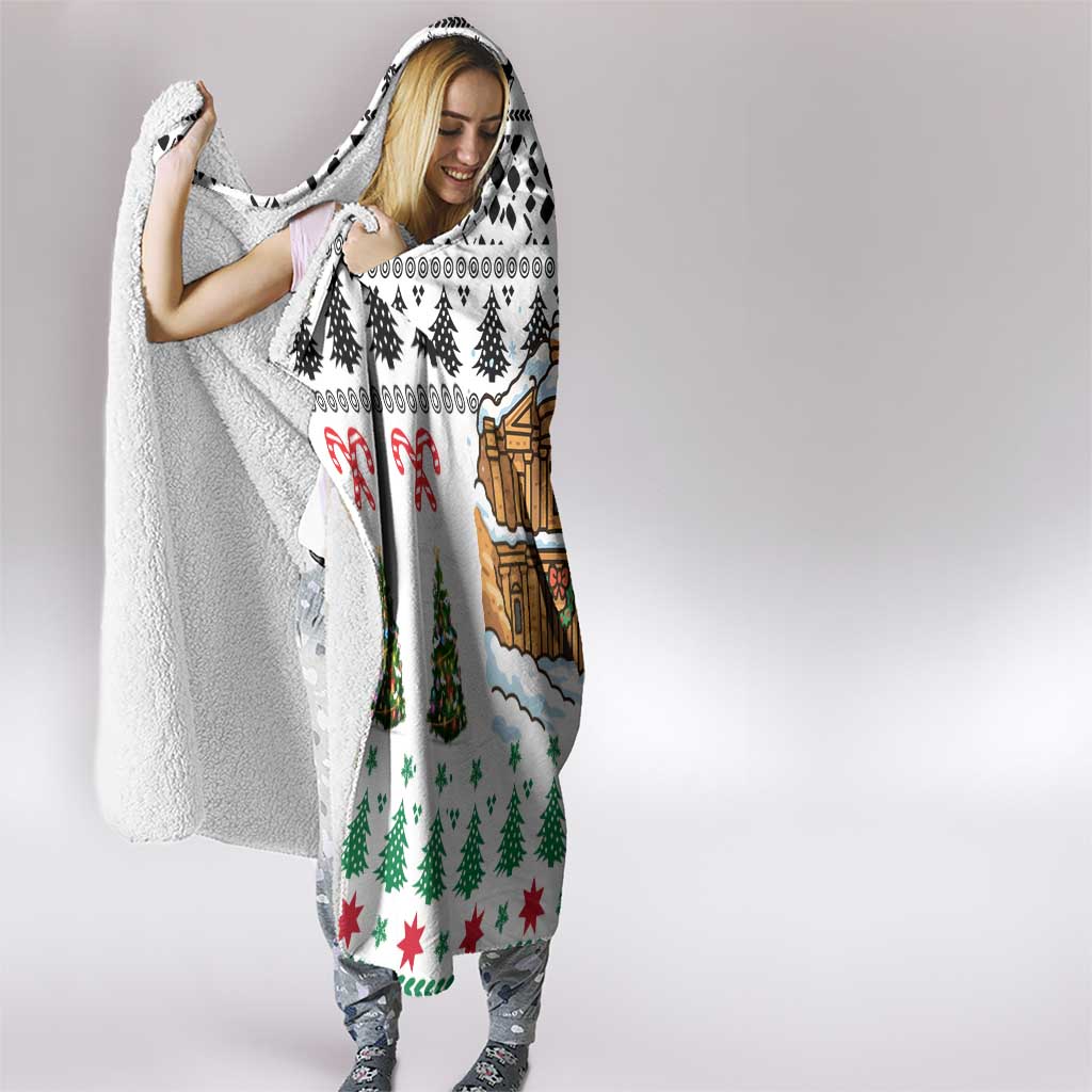 Jordan Christmas Hooded Blanket with Petra Monastery Snow Christmas Trees and Candy Cane Pattern - Wonder Print Shop