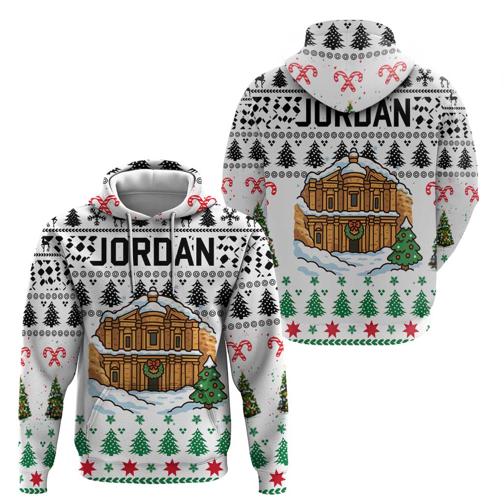 Jordan Christmas Hoodie with Petra Monastery Snow Christmas Trees and Candy Cane Pattern - Wonder Print Shop
