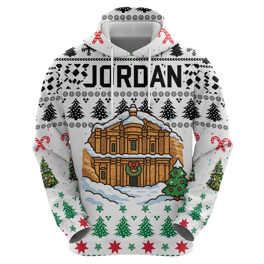 Jordan Christmas Hoodie with Petra Monastery Snow Christmas Trees and Candy Cane Pattern - Wonder Print Shop