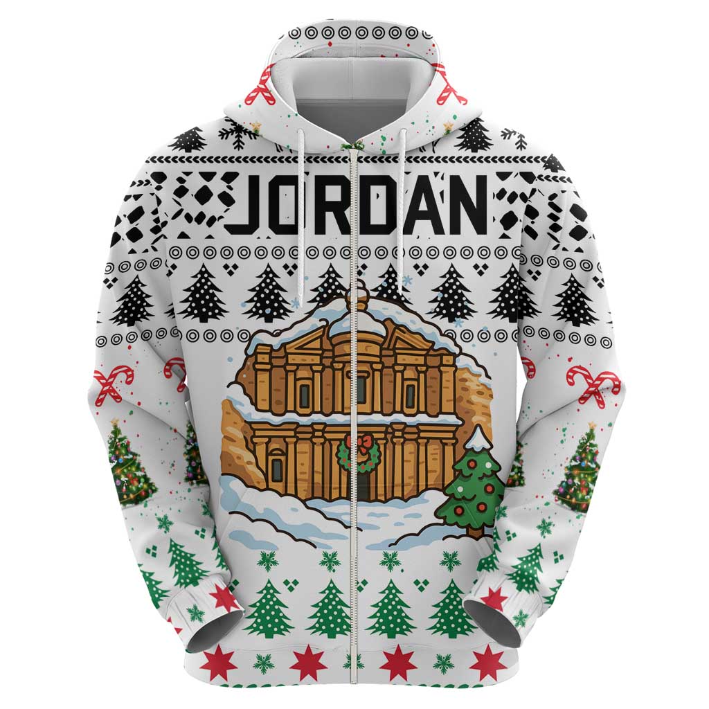 Jordan Christmas Hoodie with Petra Monastery Snow Christmas Trees and Candy Cane Pattern - Wonder Print Shop