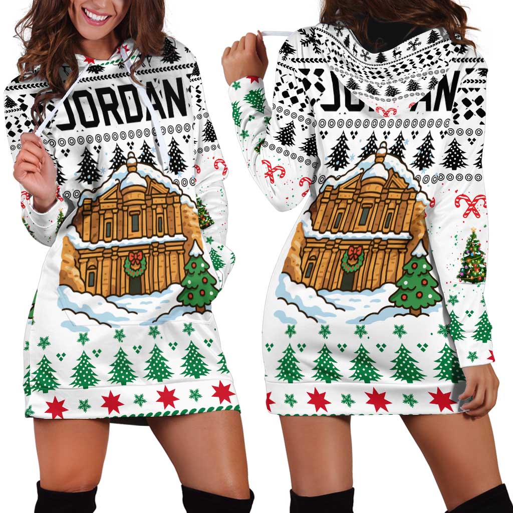 Jordan Christmas Hoodie Dress with Petra Monastery Snow Christmas Trees and Candy Cane Pattern - Wonder Print Shop