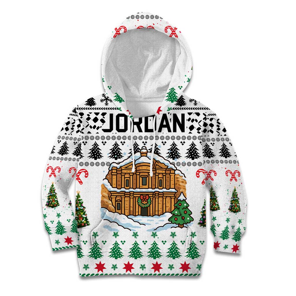 Jordan Christmas Kid Hoodie with Petra Monastery Snow Christmas Trees and Candy Cane Pattern - Wonder Print Shop