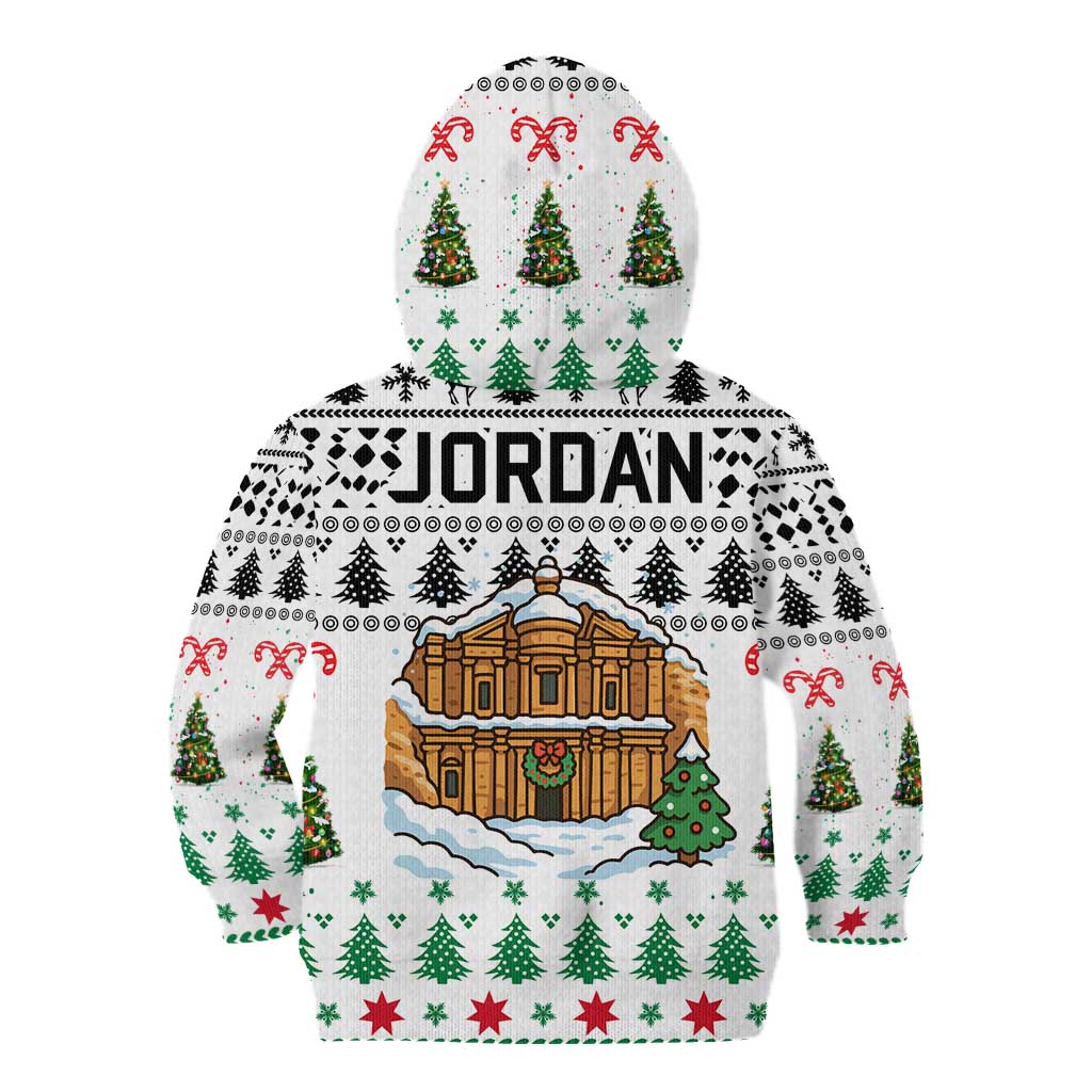 Jordan Christmas Kid Hoodie with Petra Monastery Snow Christmas Trees and Candy Cane Pattern - Wonder Print Shop