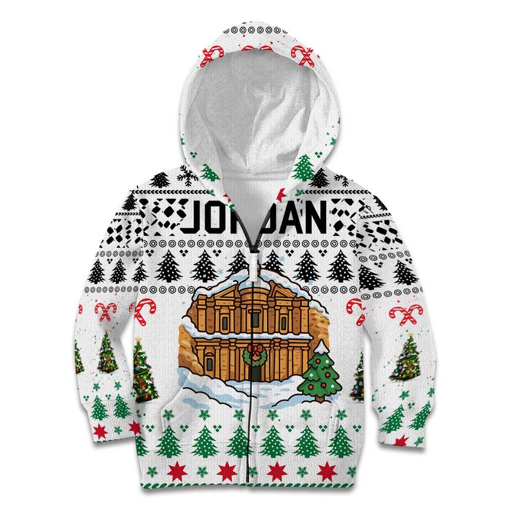Jordan Christmas Kid Hoodie with Petra Monastery Snow Christmas Trees and Candy Cane Pattern - Wonder Print Shop