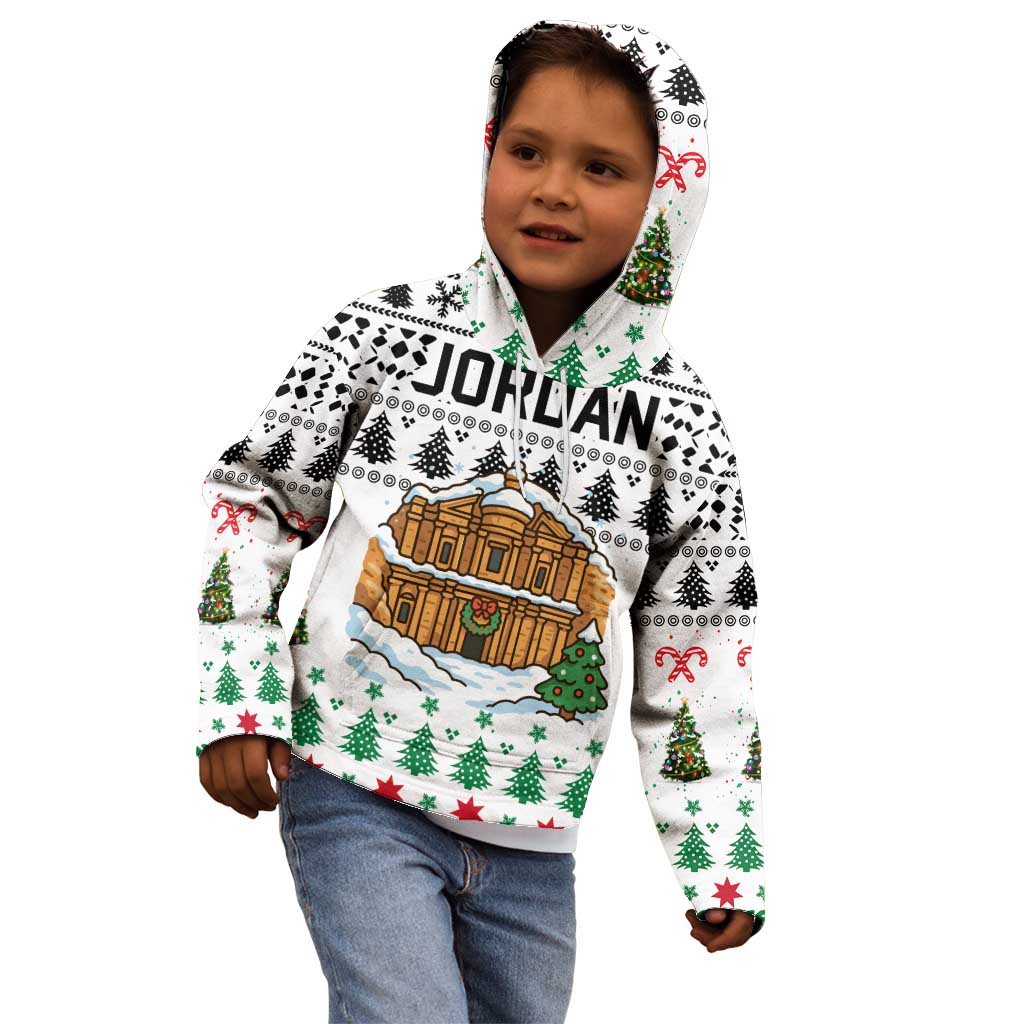 Jordan Christmas Kid Hoodie with Petra Monastery Snow Christmas Trees and Candy Cane Pattern - Wonder Print Shop