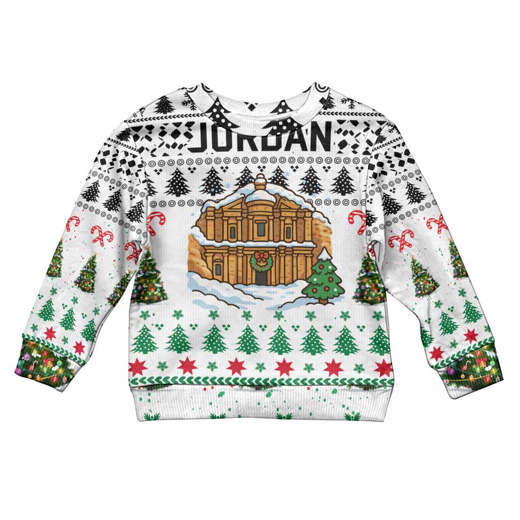 Jordan Christmas Kid Ugly Christmas Sweater with Petra Monastery Snow Christmas Trees and Candy Cane Pattern - Wonder Print Shop