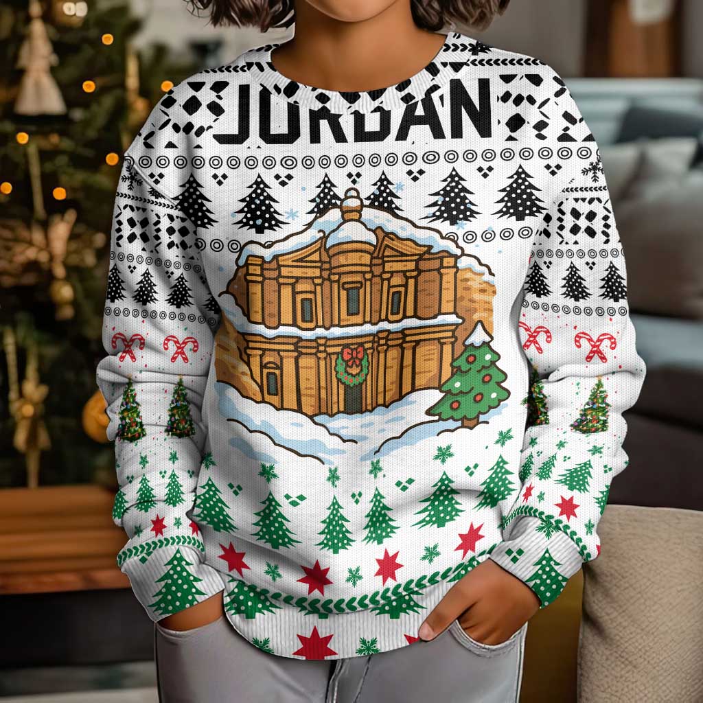 Jordan Christmas Kid Ugly Christmas Sweater with Petra Monastery Snow Christmas Trees and Candy Cane Pattern - Wonder Print Shop