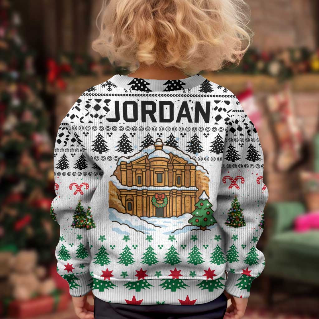 Jordan Christmas Kid Ugly Christmas Sweater with Petra Monastery Snow Christmas Trees and Candy Cane Pattern - Wonder Print Shop