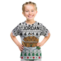 Jordan Christmas Kid T Shirt with Petra Monastery Snow Christmas Trees and Candy Cane Pattern - Wonder Print Shop