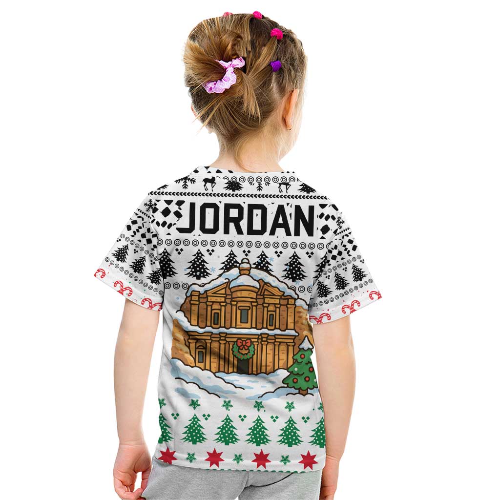 Jordan Christmas Kid T Shirt with Petra Monastery Snow Christmas Trees and Candy Cane Pattern - Wonder Print Shop