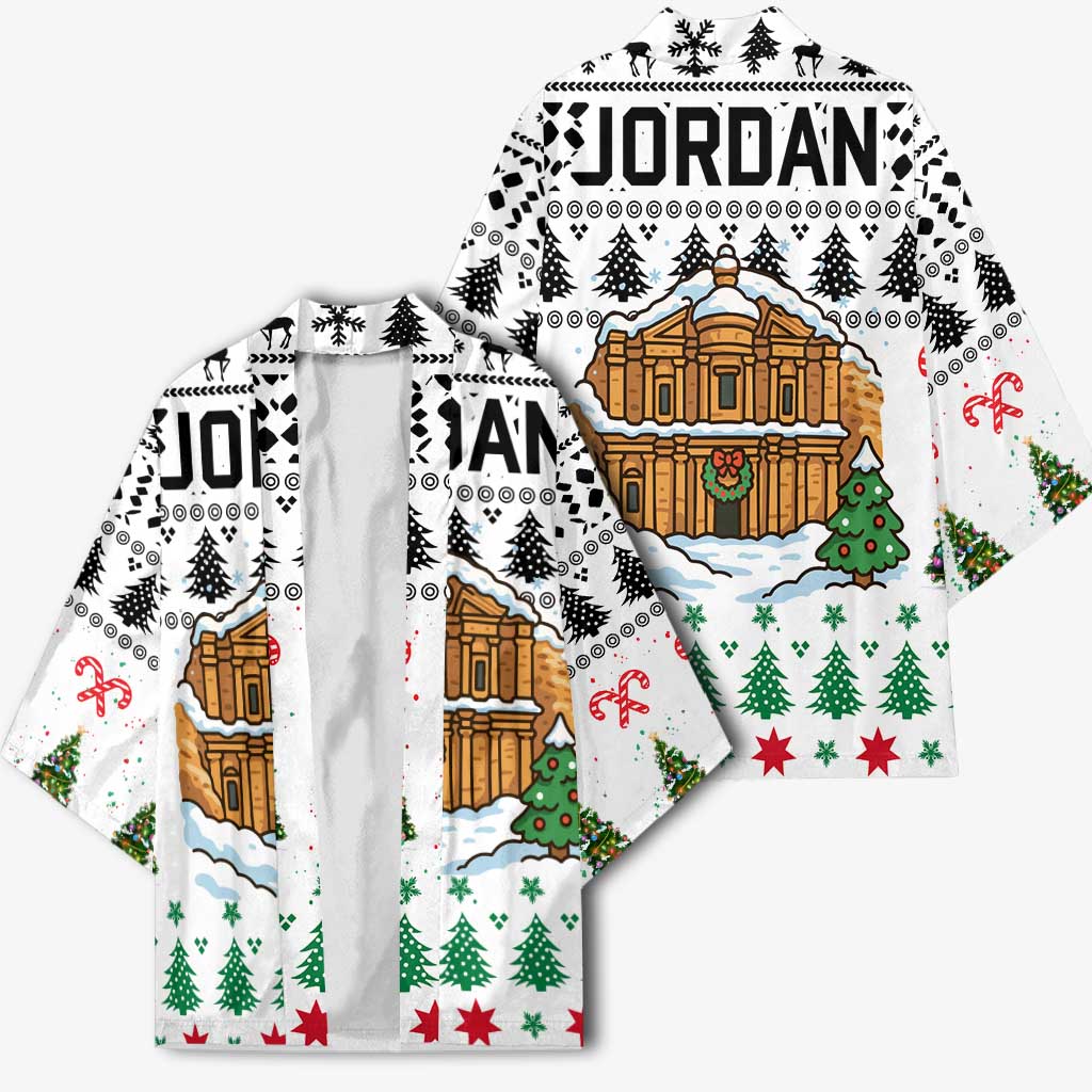 Jordan Christmas Kimono with Petra Monastery Snow Christmas Trees and Candy Cane Pattern - Wonder Print Shop