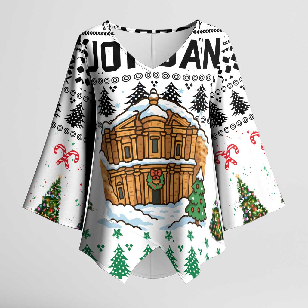 Jordan Christmas Kimono Sleeve Blouse with Petra Monastery Snow Christmas Trees and Candy Cane Pattern - Wonder Print Shop
