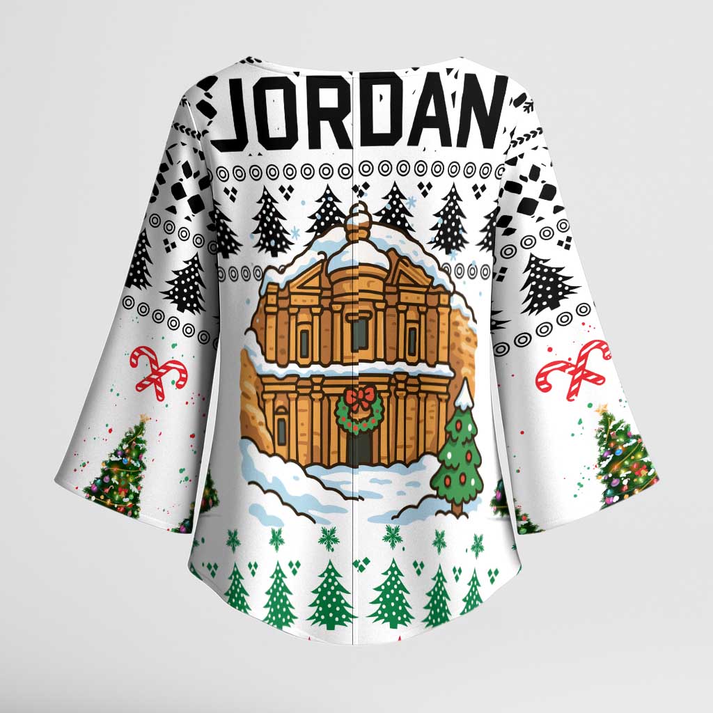 Jordan Christmas Kimono Sleeve Blouse with Petra Monastery Snow Christmas Trees and Candy Cane Pattern - Wonder Print Shop