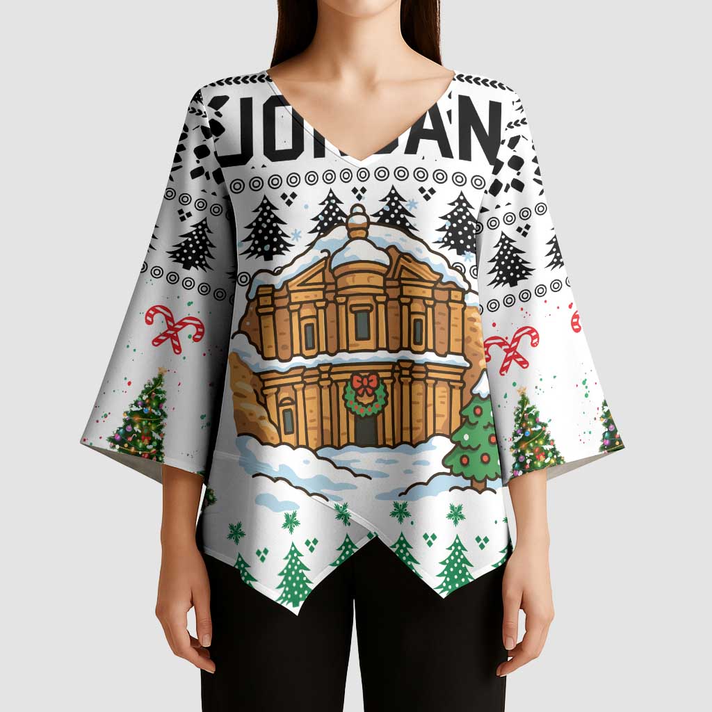 Jordan Christmas Kimono Sleeve Blouse with Petra Monastery Snow Christmas Trees and Candy Cane Pattern - Wonder Print Shop