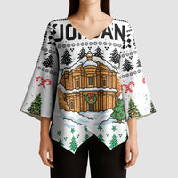 Jordan Christmas Kimono Sleeve Blouse with Petra Monastery Snow Christmas Trees and Candy Cane Pattern - Wonder Print Shop
