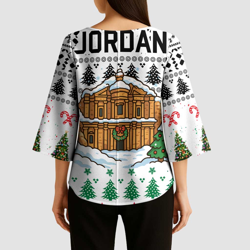 Jordan Christmas Kimono Sleeve Blouse with Petra Monastery Snow Christmas Trees and Candy Cane Pattern - Wonder Print Shop