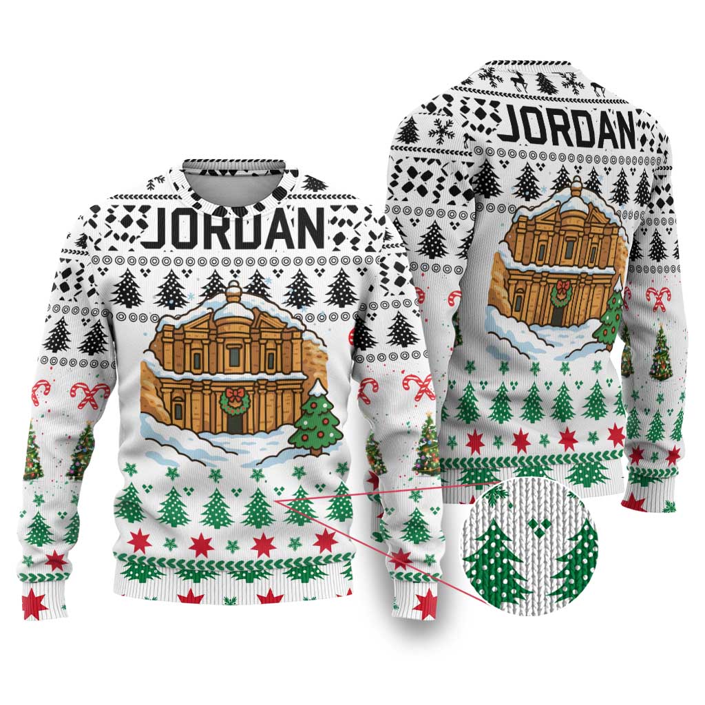 Jordan Christmas Ugly Christmas Sweater with Petra Monastery Snow Christmas Trees and Candy Cane Pattern - Wonder Print Shop