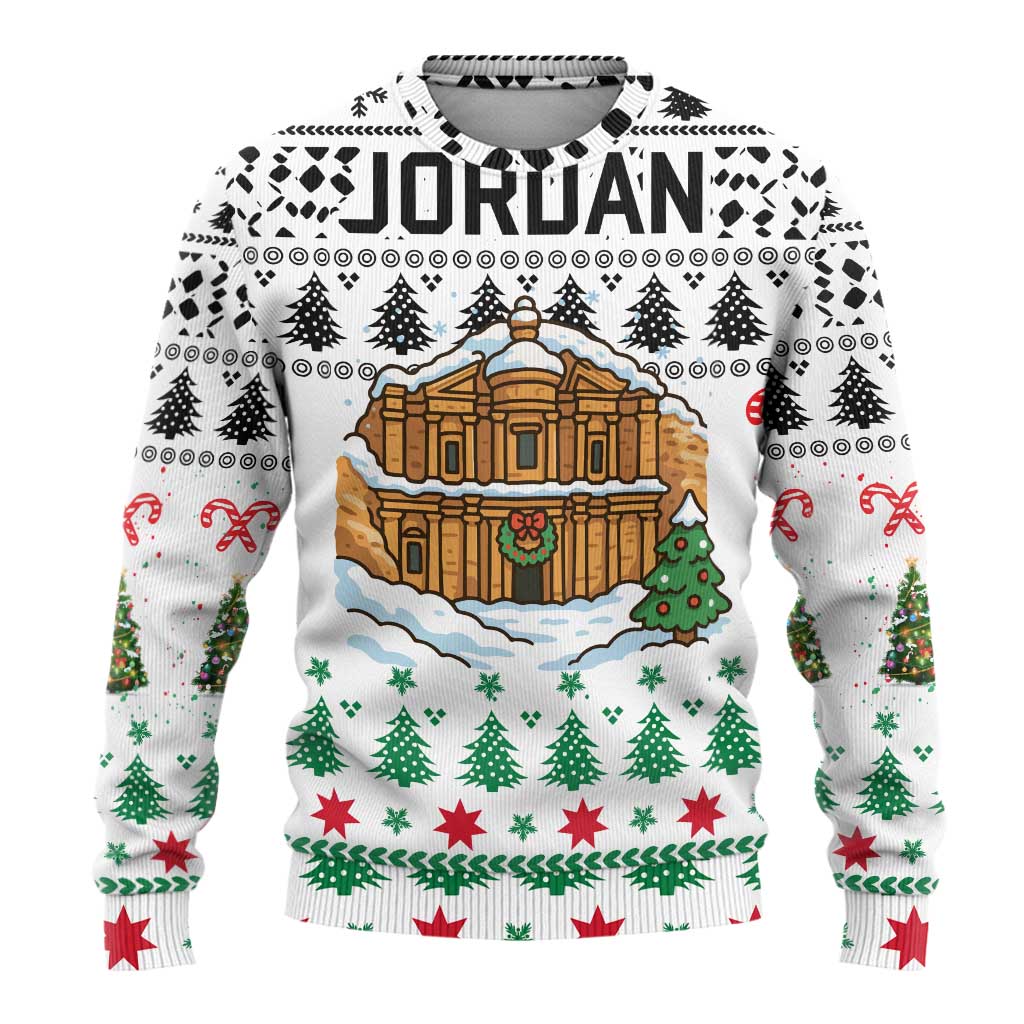 Jordan Christmas Ugly Christmas Sweater with Petra Monastery Snow Christmas Trees and Candy Cane Pattern - Wonder Print Shop