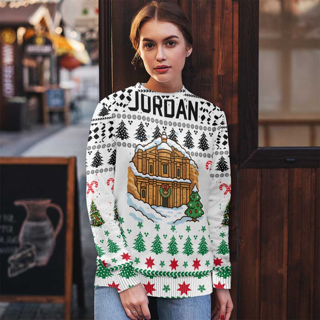 Jordan Christmas Ugly Christmas Sweater with Petra Monastery Snow Christmas Trees and Candy Cane Pattern - Wonder Print Shop