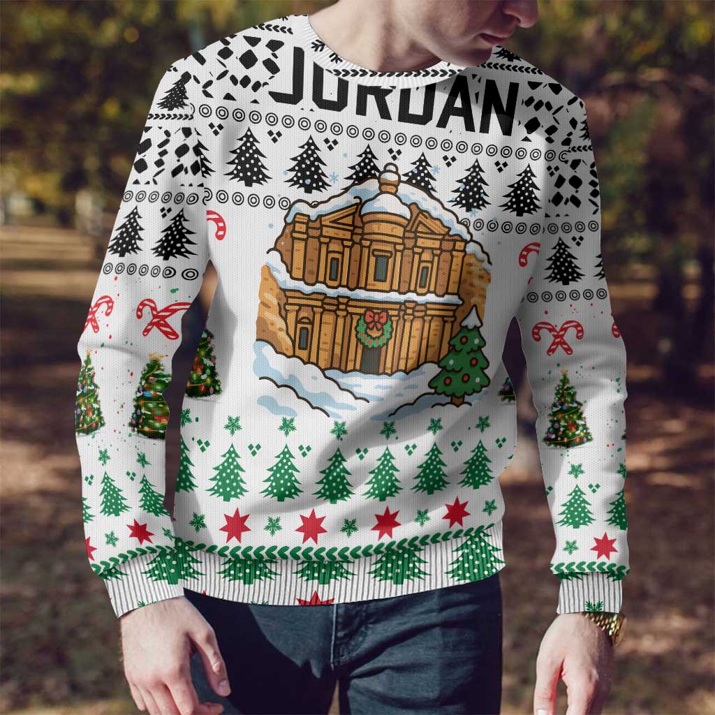 Jordan Christmas Ugly Christmas Sweater with Petra Monastery Snow Christmas Trees and Candy Cane Pattern - Wonder Print Shop