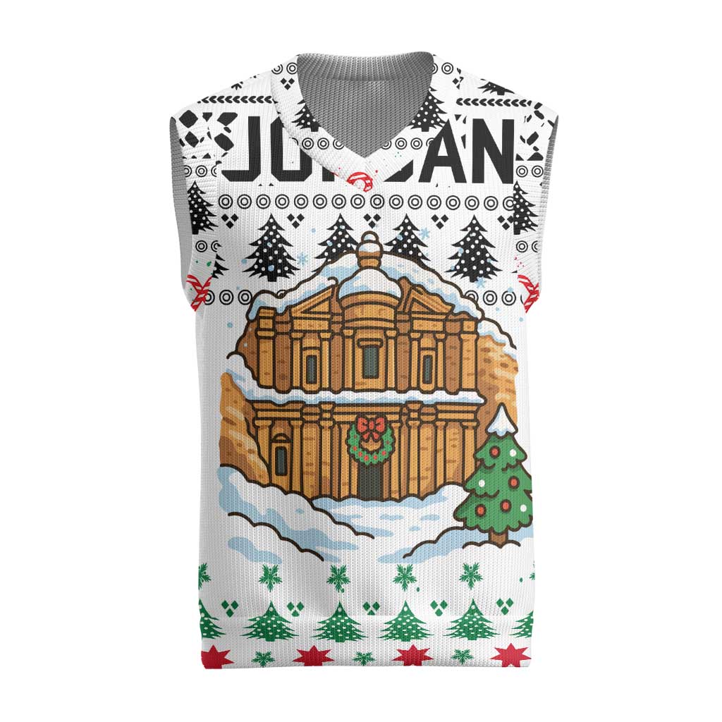 Jordan Christmas Knitted V-Neck Vest with Petra Monastery Snow Christmas Trees and Candy Cane Pattern - Wonder Print Shop