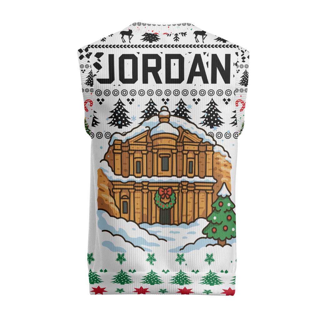 Jordan Christmas Knitted V-Neck Vest with Petra Monastery Snow Christmas Trees and Candy Cane Pattern - Wonder Print Shop