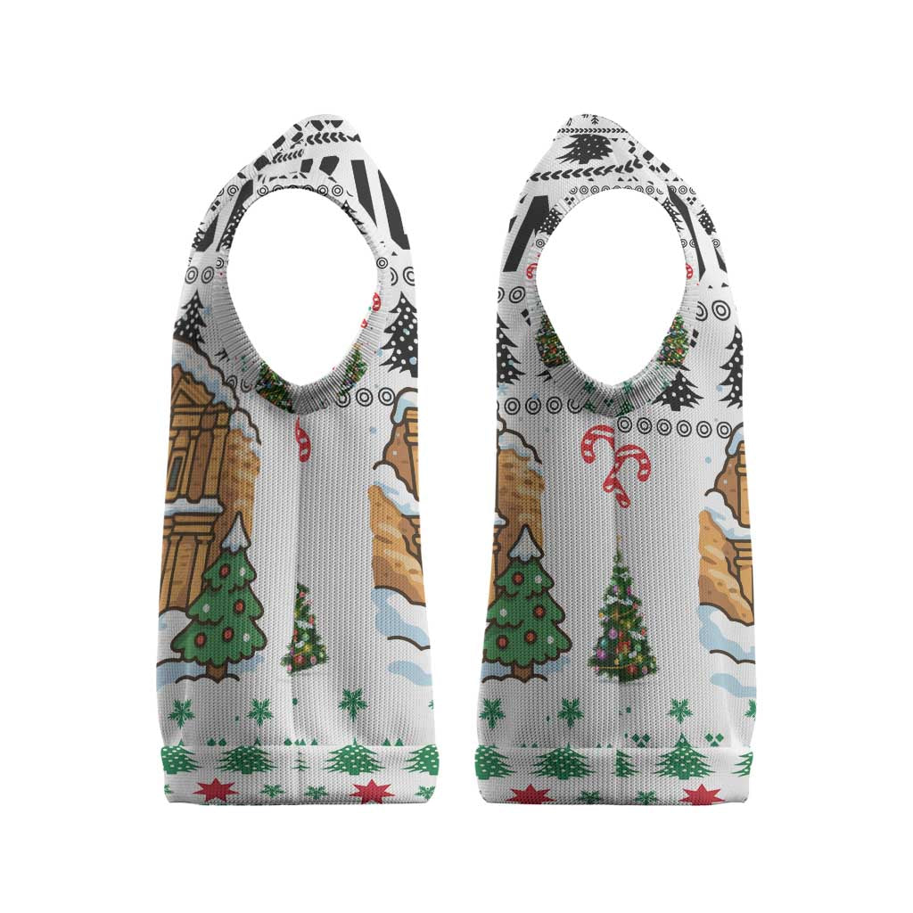 Jordan Christmas Knitted V-Neck Vest with Petra Monastery Snow Christmas Trees and Candy Cane Pattern - Wonder Print Shop