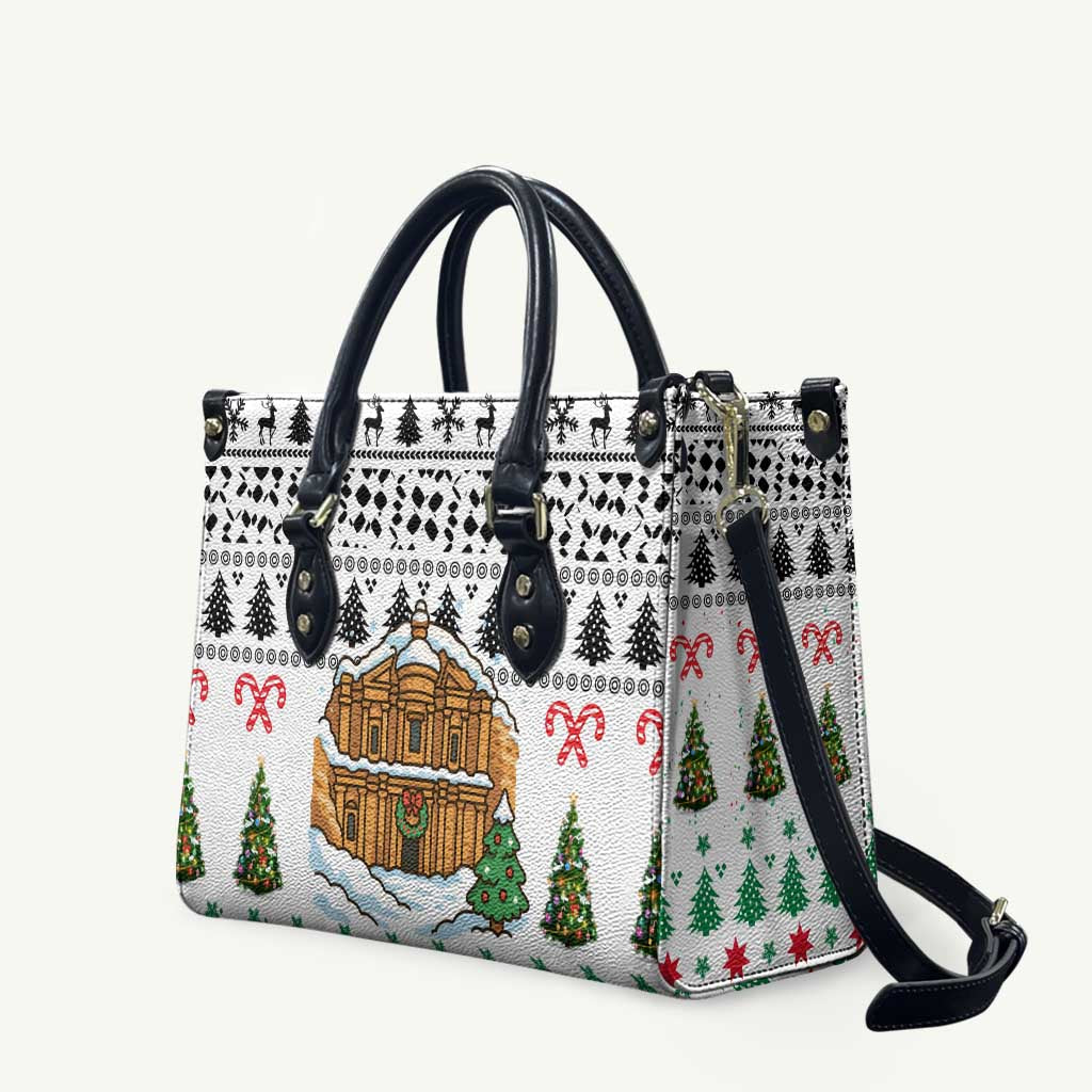 Jordan Christmas Leather Bag with Petra Monastery Snow Christmas Trees and Candy Cane Pattern - Wonder Print Shop
