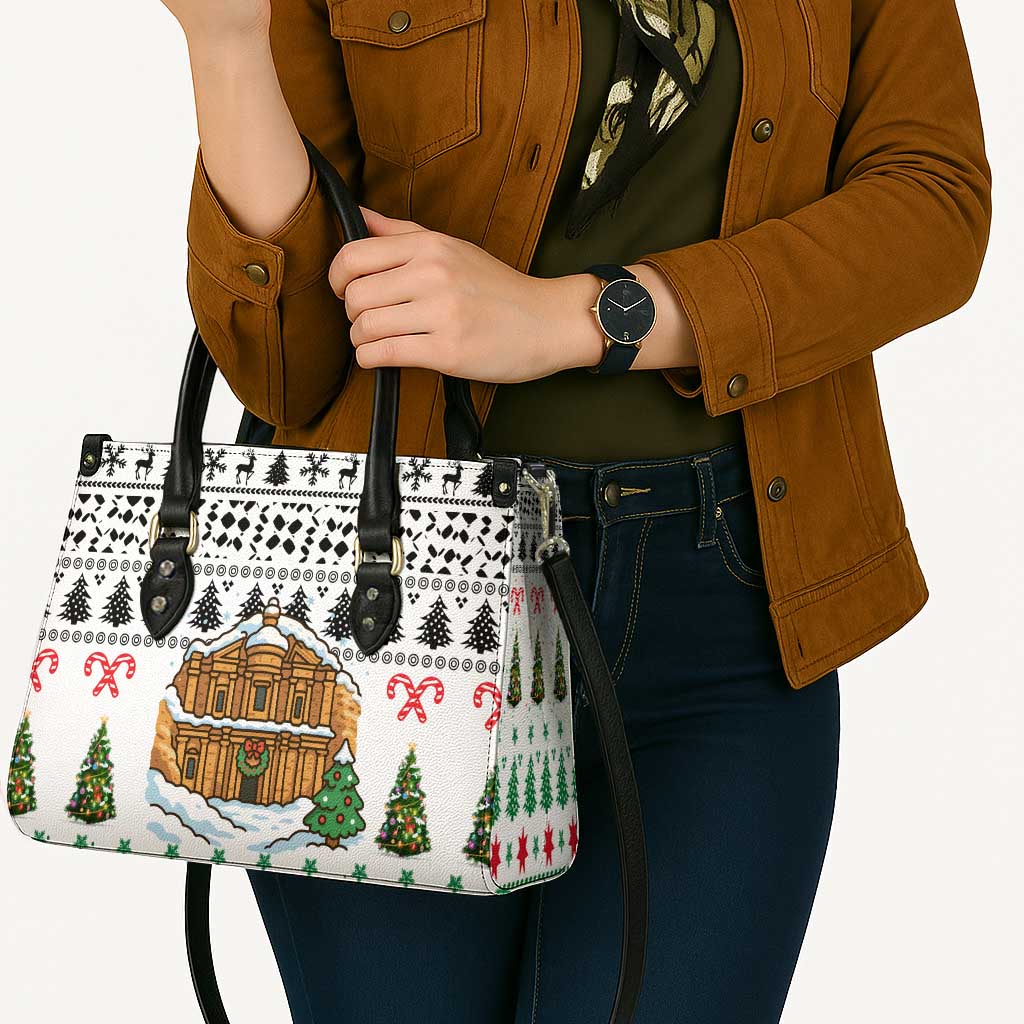 Jordan Christmas Leather Bag with Petra Monastery Snow Christmas Trees and Candy Cane Pattern - Wonder Print Shop