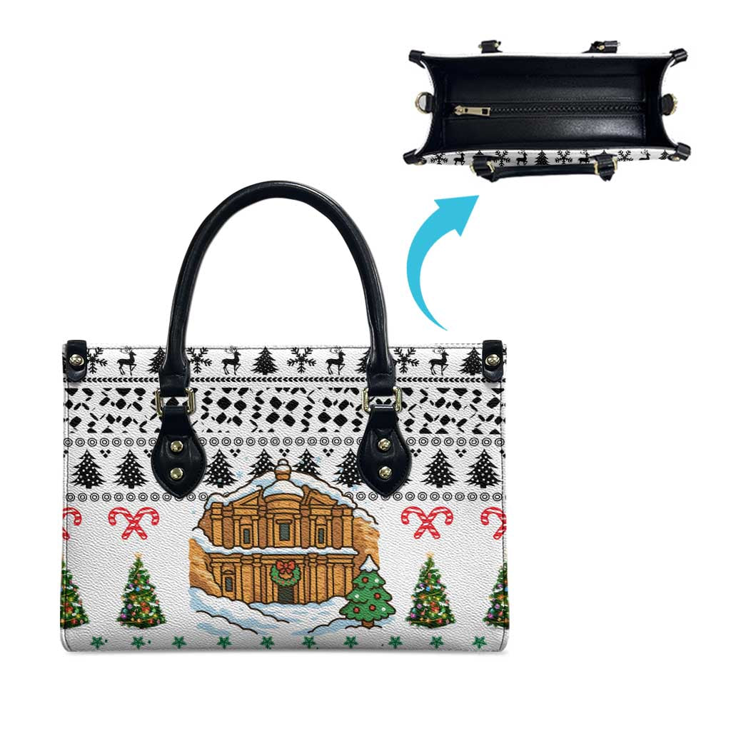 Jordan Christmas Leather Bag with Petra Monastery Snow Christmas Trees and Candy Cane Pattern - Wonder Print Shop