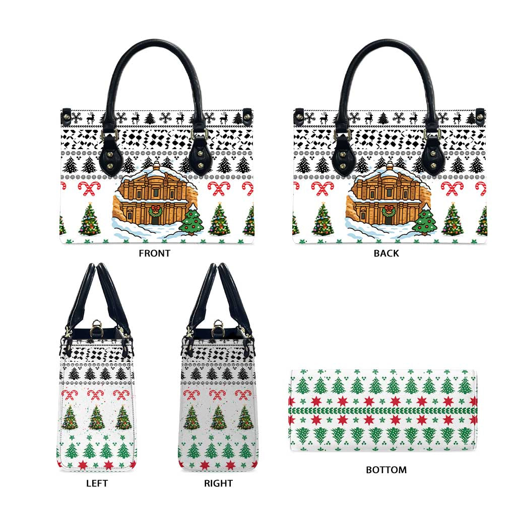 Jordan Christmas Leather Bag with Petra Monastery Snow Christmas Trees and Candy Cane Pattern - Wonder Print Shop
