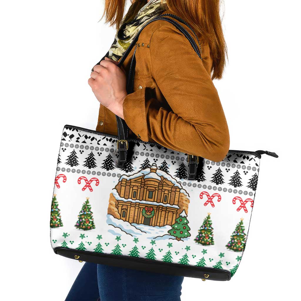Jordan Christmas Leather Tote Bag with Petra Monastery Snow Christmas Trees and Candy Cane Pattern - Wonder Print Shop