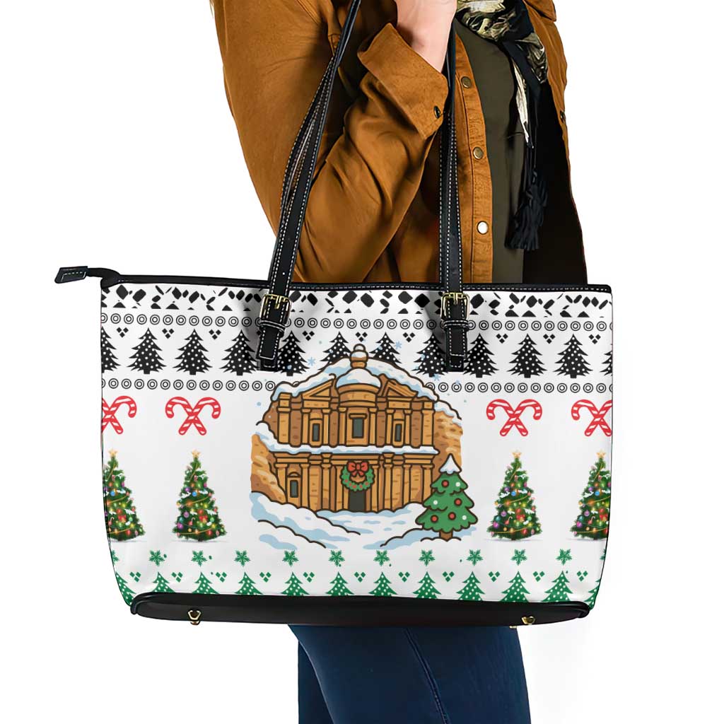 Jordan Christmas Leather Tote Bag with Petra Monastery Snow Christmas Trees and Candy Cane Pattern - Wonder Print Shop