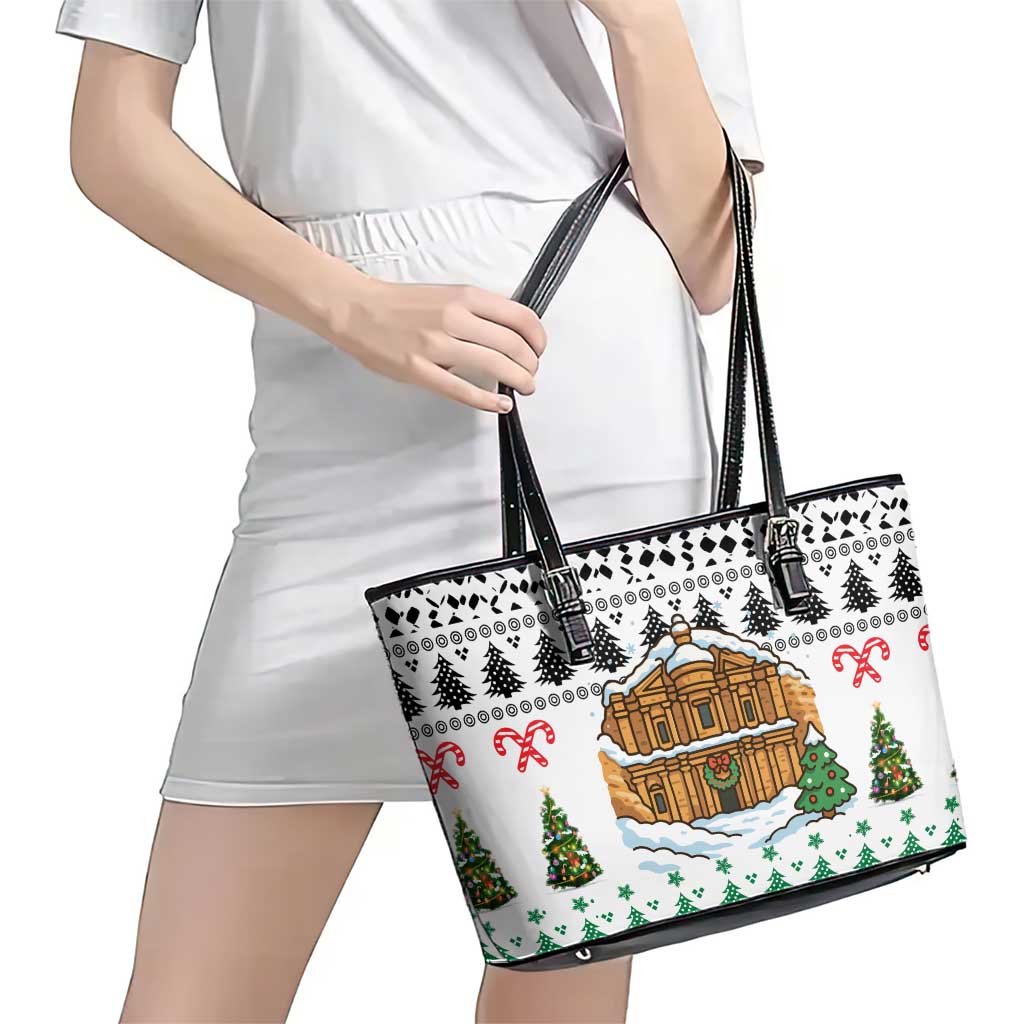 Jordan Christmas Leather Tote Bag with Petra Monastery Snow Christmas Trees and Candy Cane Pattern - Wonder Print Shop