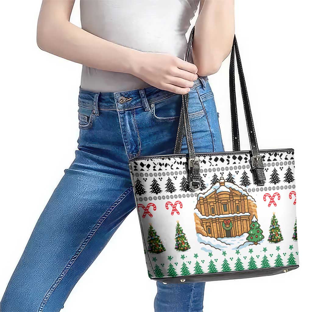 Jordan Christmas Leather Tote Bag with Petra Monastery Snow Christmas Trees and Candy Cane Pattern - Wonder Print Shop