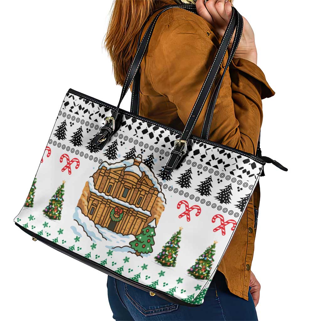 Jordan Christmas Leather Tote Bag with Petra Monastery Snow Christmas Trees and Candy Cane Pattern - Wonder Print Shop