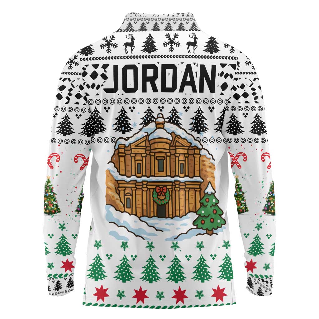 Jordan Christmas Long Sleeve Polo Shirt with Petra Monastery Snow Christmas Trees and Candy Cane Pattern - Wonder Print Shop