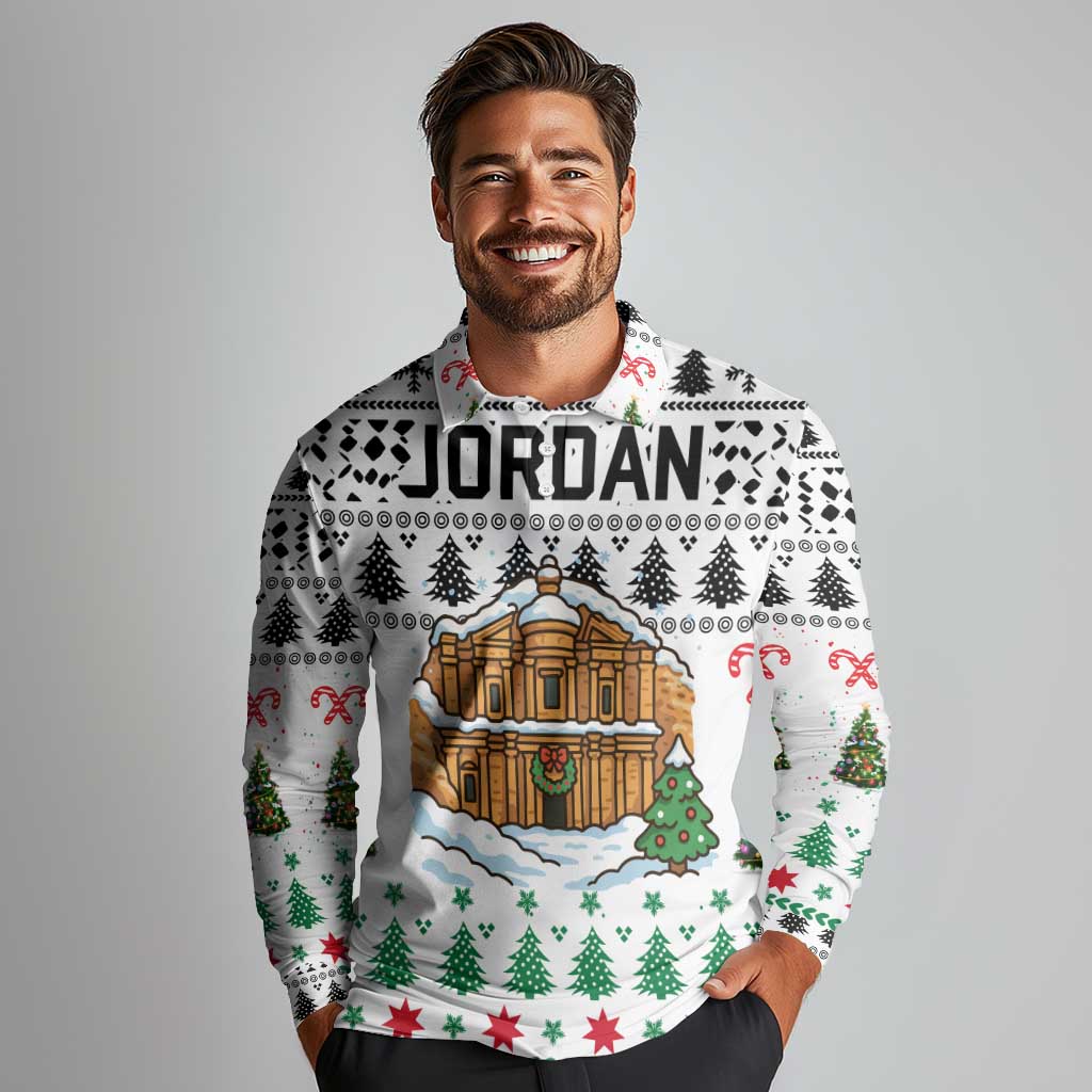 Jordan Christmas Long Sleeve Polo Shirt with Petra Monastery Snow Christmas Trees and Candy Cane Pattern - Wonder Print Shop