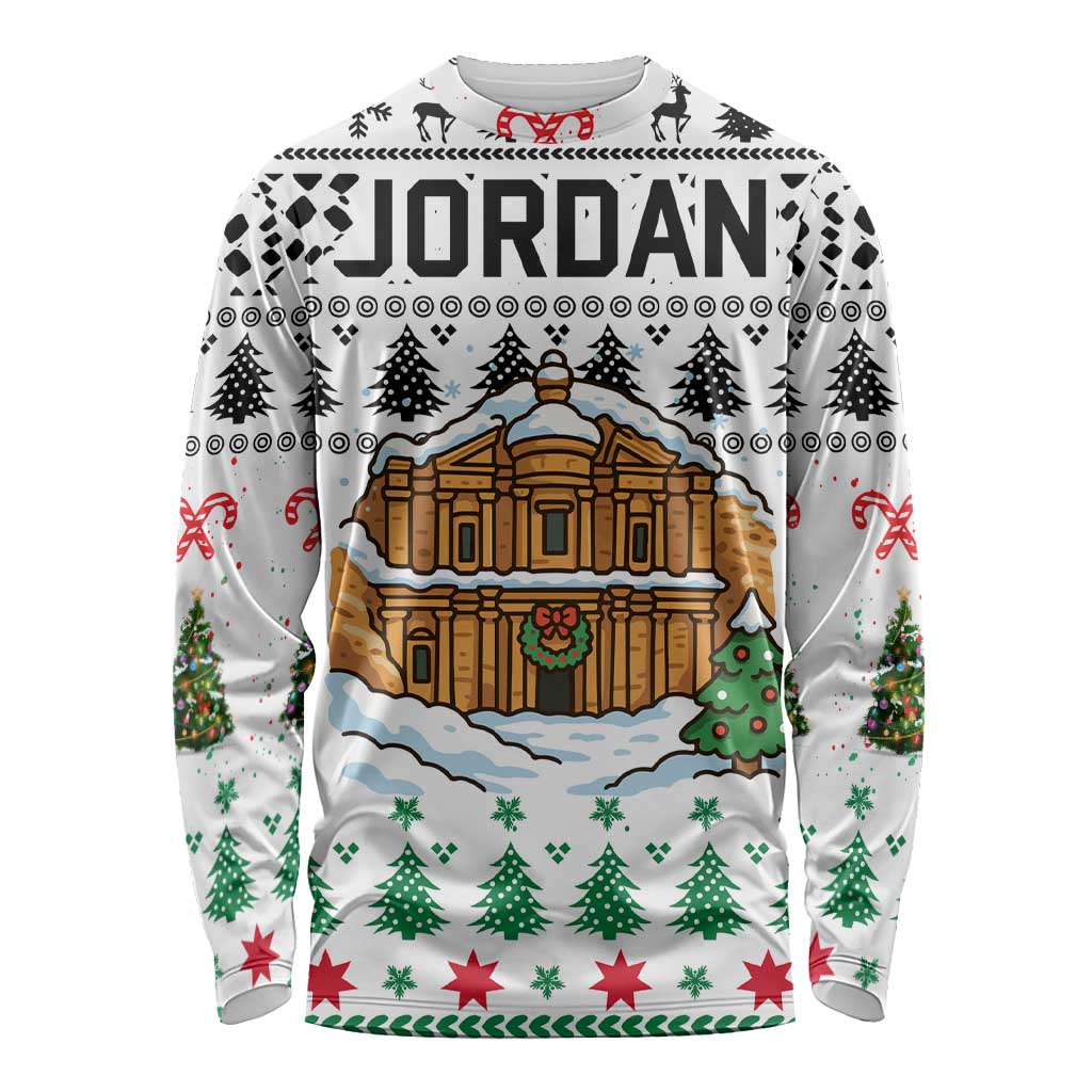 Jordan Christmas Long Sleeve Shirt with Petra Monastery Snow Christmas Trees and Candy Cane Pattern - Wonder Print Shop