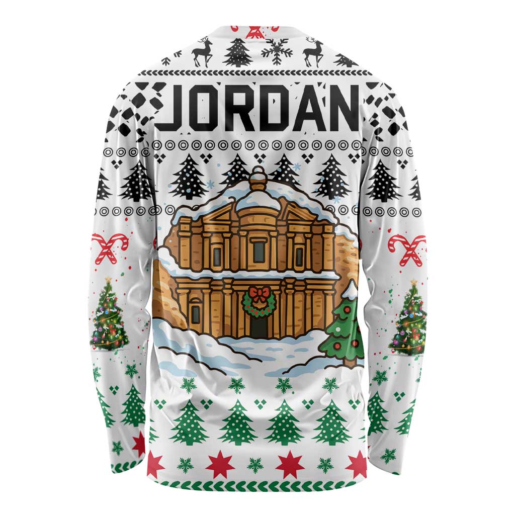 Jordan Christmas Long Sleeve Shirt with Petra Monastery Snow Christmas Trees and Candy Cane Pattern - Wonder Print Shop