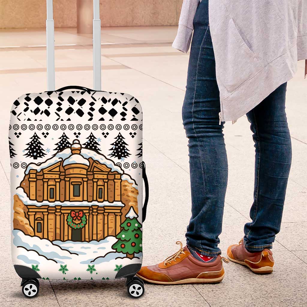 Jordan Christmas Luggage Cover with Petra Monastery Snow Christmas Trees and Candy Cane Pattern - Wonder Print Shop