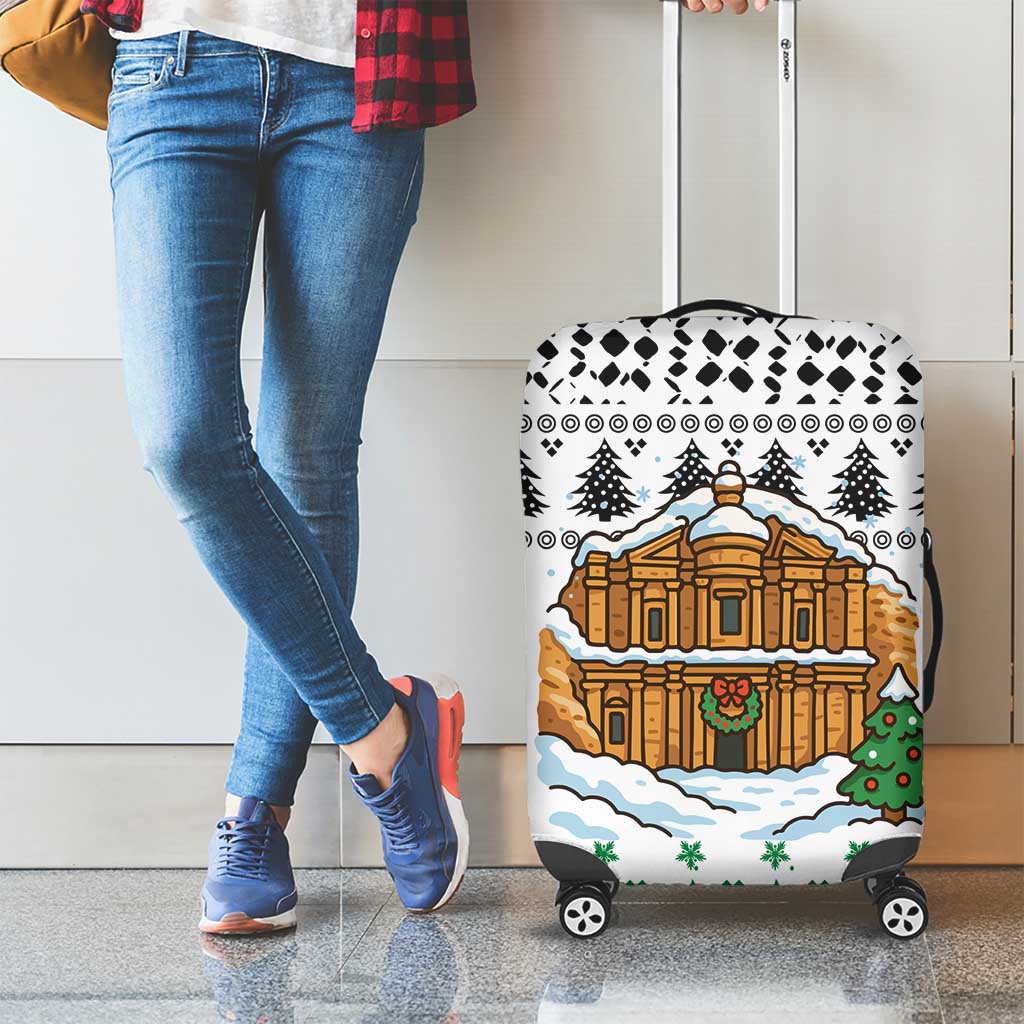Jordan Christmas Luggage Cover with Petra Monastery Snow Christmas Trees and Candy Cane Pattern - Wonder Print Shop
