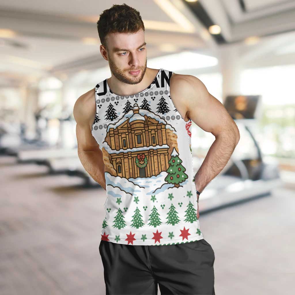 Jordan Christmas Men Tank Top with Petra Monastery Snow Christmas Trees and Candy Cane Pattern - Wonder Print Shop