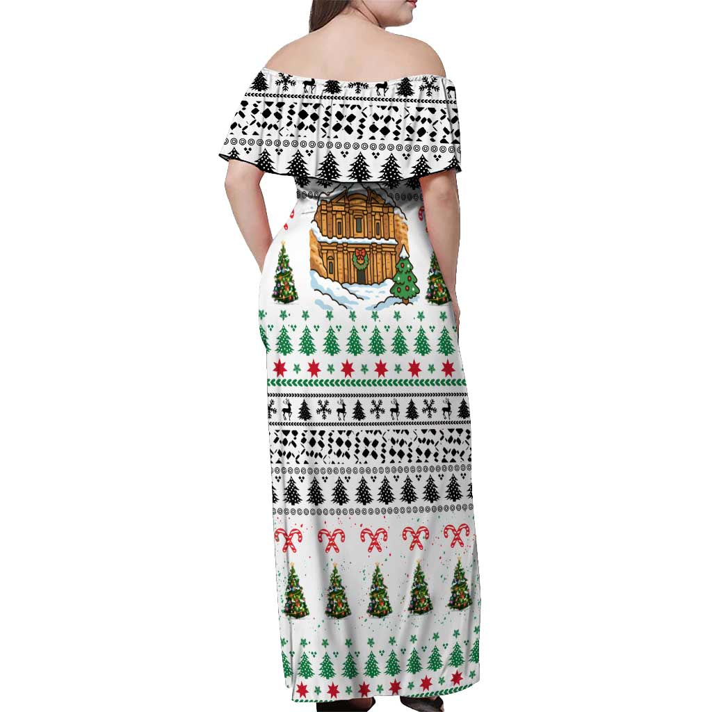 Jordan Christmas Off Shoulder Maxi Dress with Petra Monastery Snow Christmas Trees and Candy Cane Pattern - Wonder Print Shop