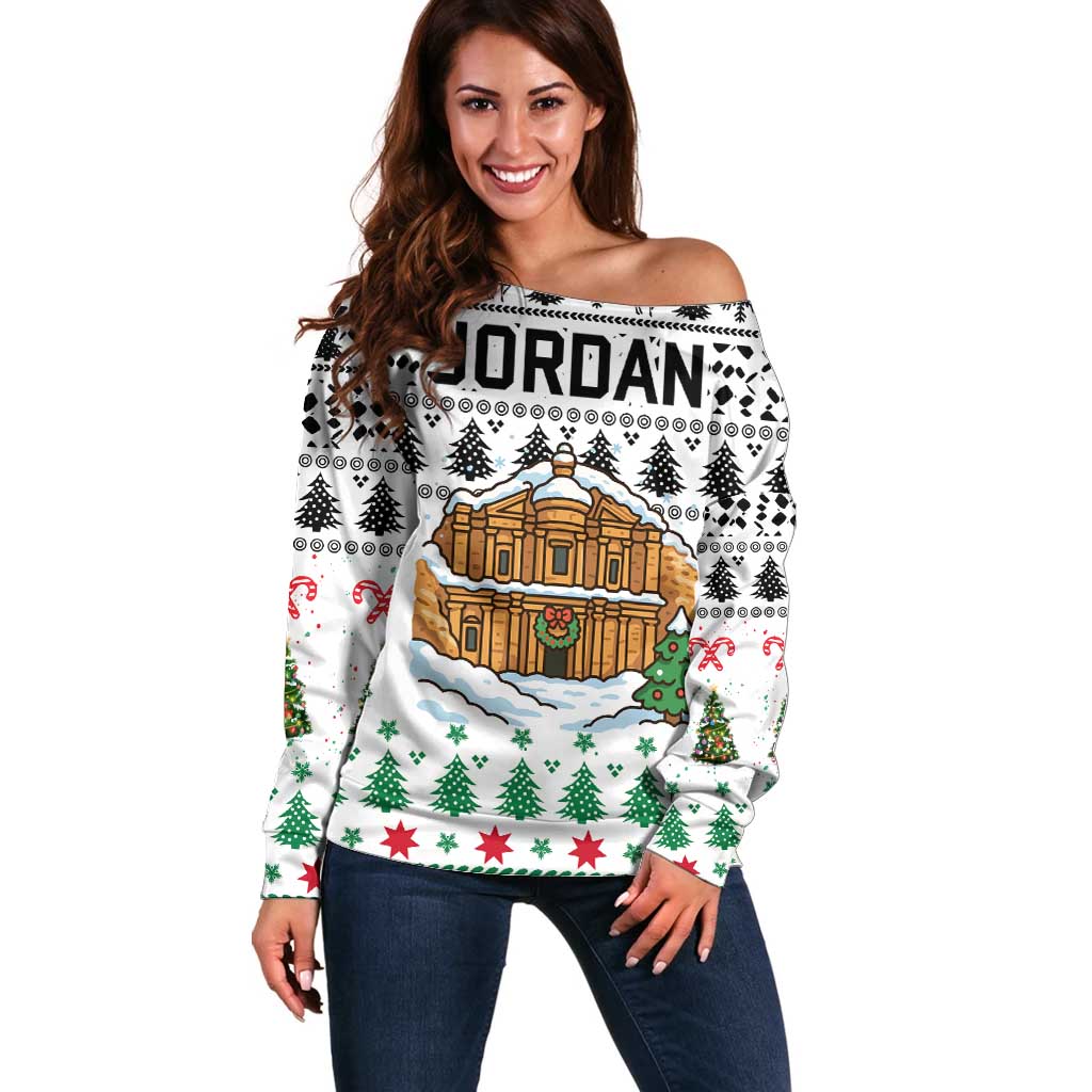 Jordan Christmas Off Shoulder Sweater with Petra Monastery Snow Christmas Trees and Candy Cane Pattern - Wonder Print Shop