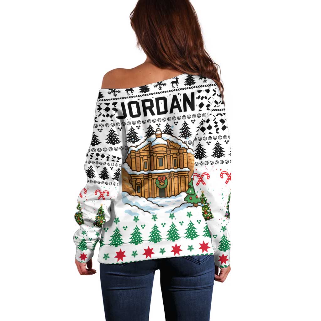 Jordan Christmas Off Shoulder Sweater with Petra Monastery Snow Christmas Trees and Candy Cane Pattern - Wonder Print Shop